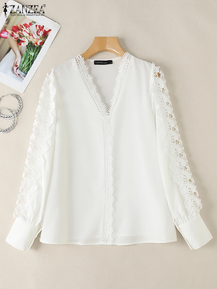

ZANZEA 2025 Autumn Stylish V Neck Long Sleeve Lace Blouses Women Spring Office Shirts Tunic Tops Elegant Hollow Out Blusas Mujer