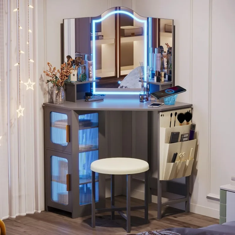 Vanity Desk with Mirror and Lights, Makeup Dressing Table with Charging Station and Drawers for Womens,Girls, Grey