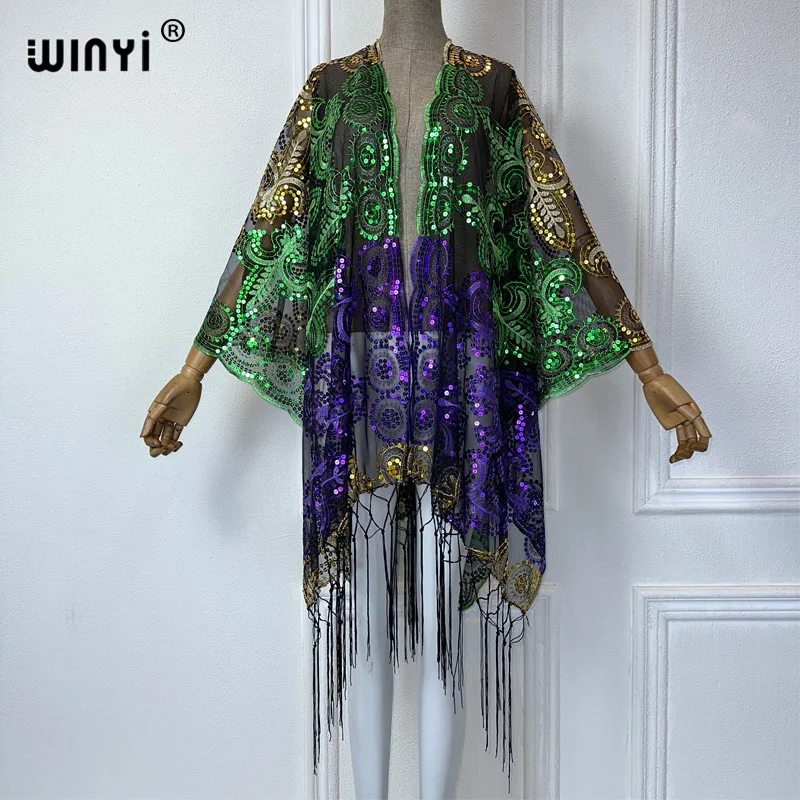 WINYI-Cardigan à pampilles brodées pour femmes, Cover-up de bikini, Tenues de plage sexy pour femmes, Robe de soirée, Châle à paillettes colorées