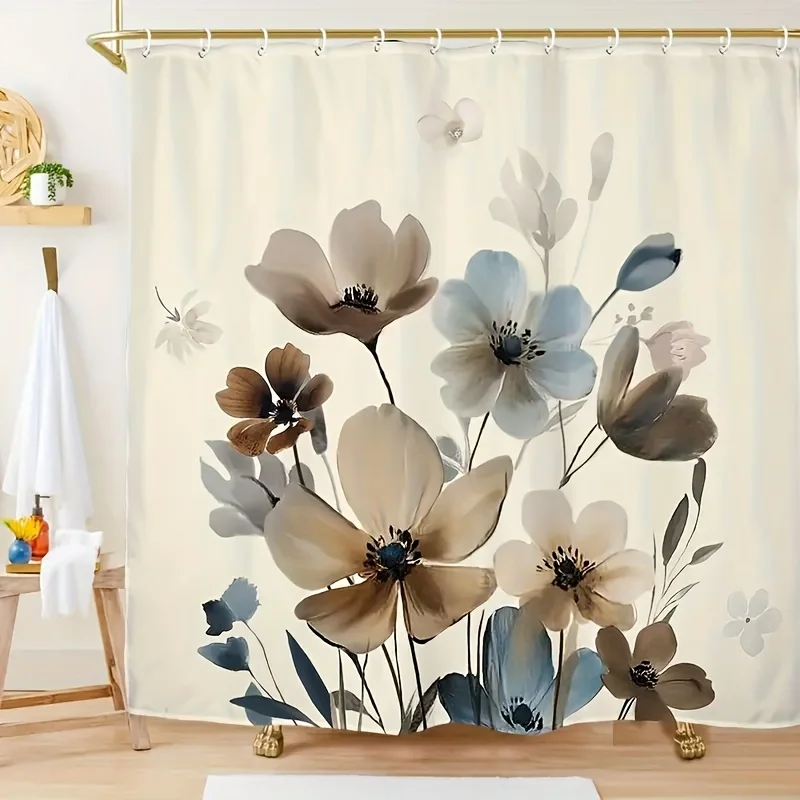 Elegant Watercolor Floral Shower Curtain Botanical Bathroom Tapestry Waterproof Liner Curtain Neutral Modern Spa Decor Shower