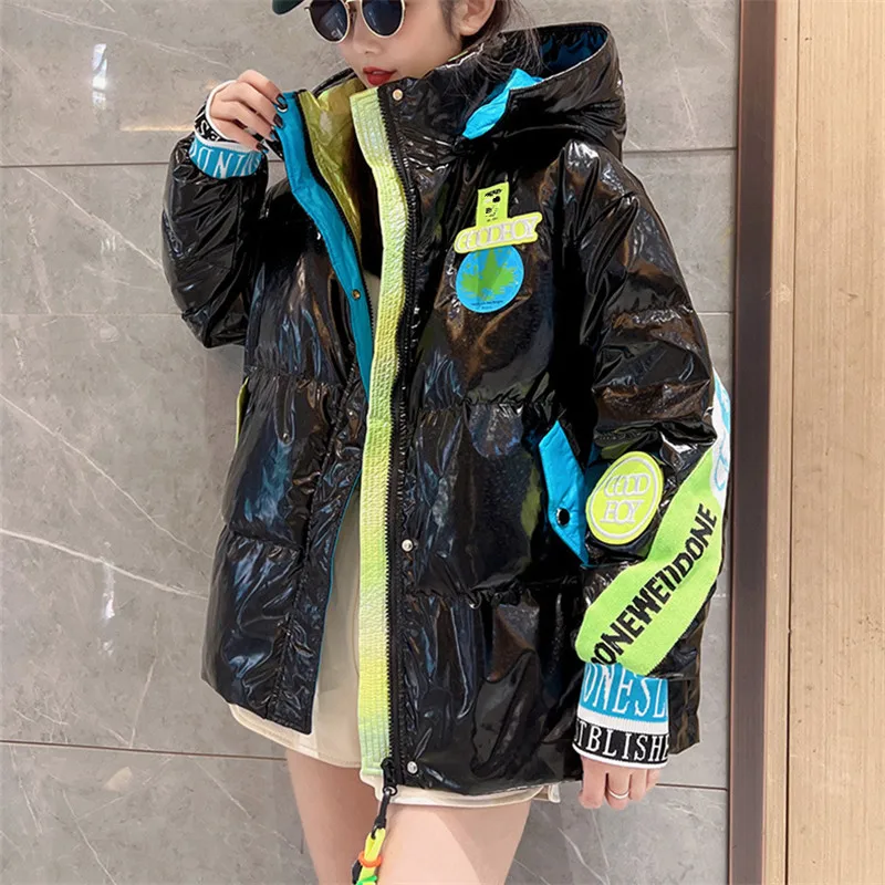 2022 Winter Jacket Women Letter Embroidery Fashion Spliced Glossy Hooded Down Jackets Short Parkas Thick Warm Cotton Coat Female