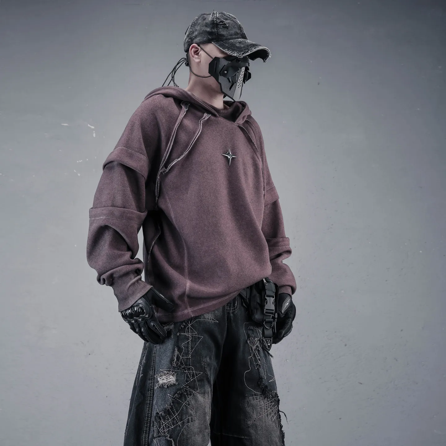 Wasteland-style spliced, distressed fried dyeing hooded sweatshirt for men,  retro streetwear casual hoodie.
