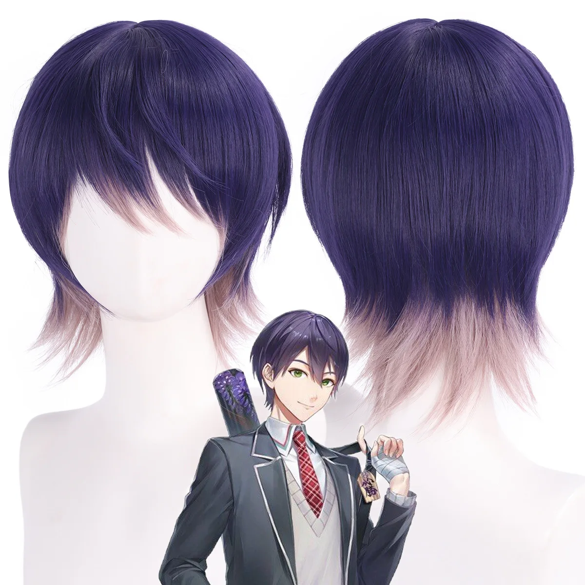 Synthetic Short Purple Flip Wig Inspired By Vtuber Rainbow Club Anime Style Sword Cosplay Hair for Party Game Performance