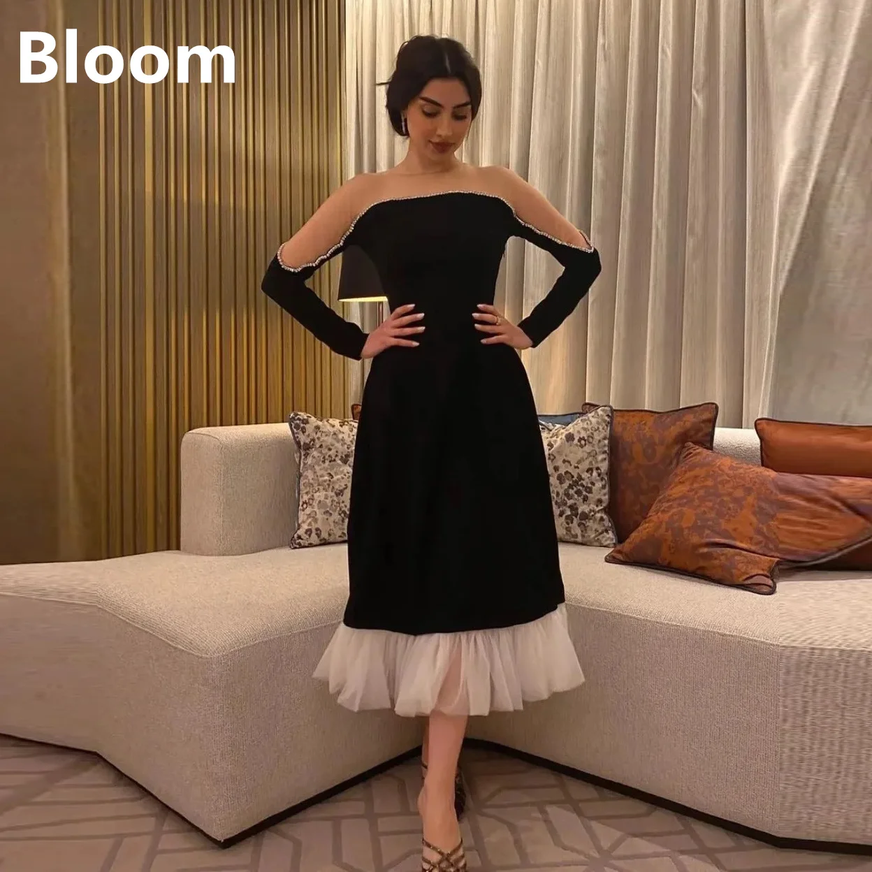 

Fleshcolor Black Prom Dresses Shiny Beads Ruffle Long Sleeves Tea-Length Formal Elegant Party Dresses For Women 2024