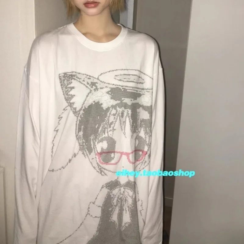 

Japanese Cartoon Printed Cute White Long-sleeved T-shirt Women 2025 Autumn New O-neck Loose Casual All-match Tops