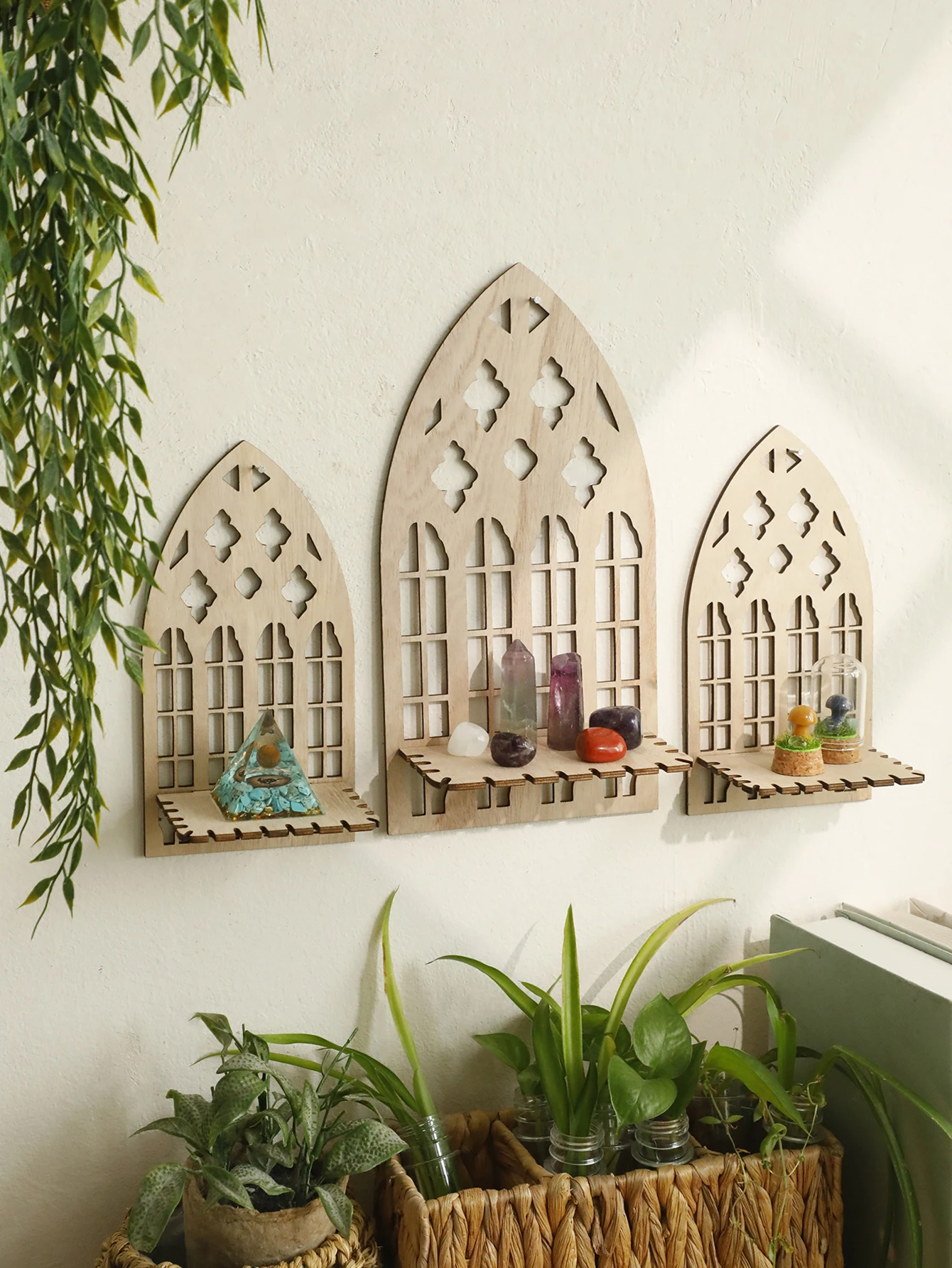 3Pcs Wooden Crystal Display Shelf – Gothic Cathedral Wall-Mounted Rack Boho Home Decor for Stones, Minerals, Healing Crystals