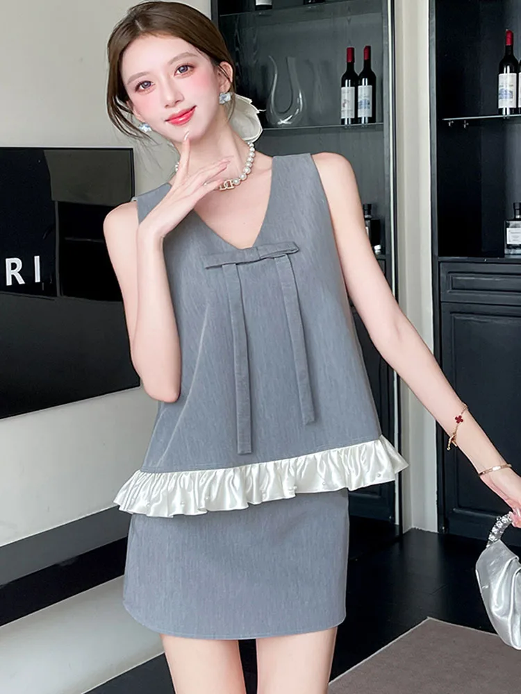 

French Temperament Two Pieces Set Summer Women V-Neck Sleeveless Loose Ruffles Tops + Bodycon Mini Skirts Suit Female Clothing