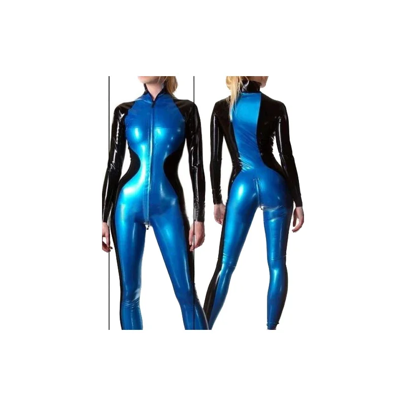 

Latex Rubber Navy Blue and Black Catsuit Fashion Bodysuit With Zipper Size S- XXL