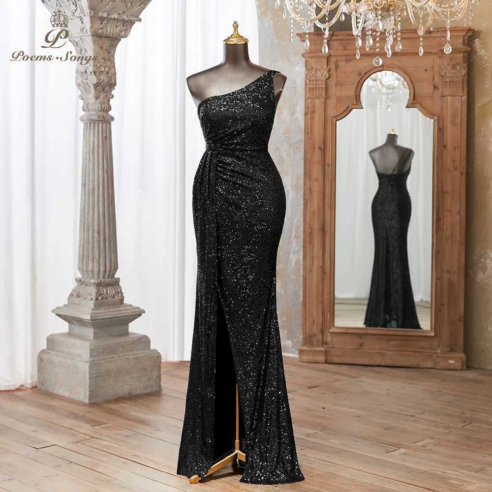 

Elegant Black Sequin Evening Dress with One-Shoulder Design and High Slit vestidos de noche Perfect for Formal Events