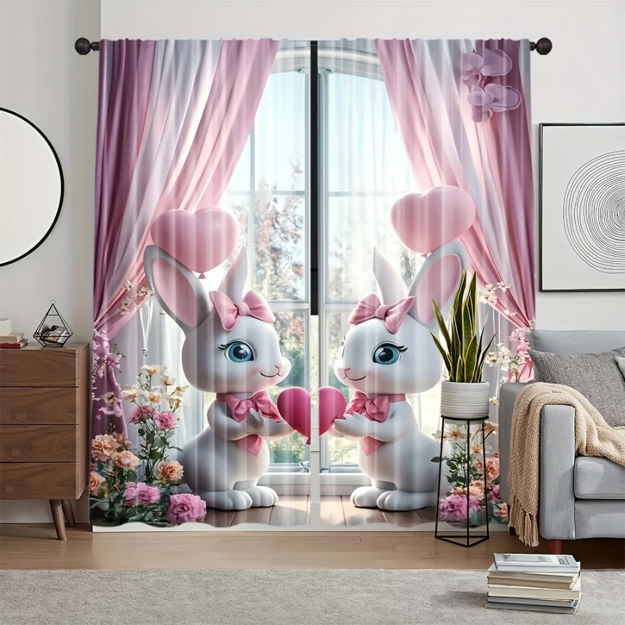 2PCS Digital Printed Curtains, Pink Heart White Rabbit Design, Easter Holiday Style for Living Room Bedroom Home Decor