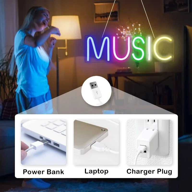 Music Neon Sign USB Powered LED Neon Signs for Wall Decor Colorful Letters Neon Light for Bedroom Game Room Club Bar Party Decor