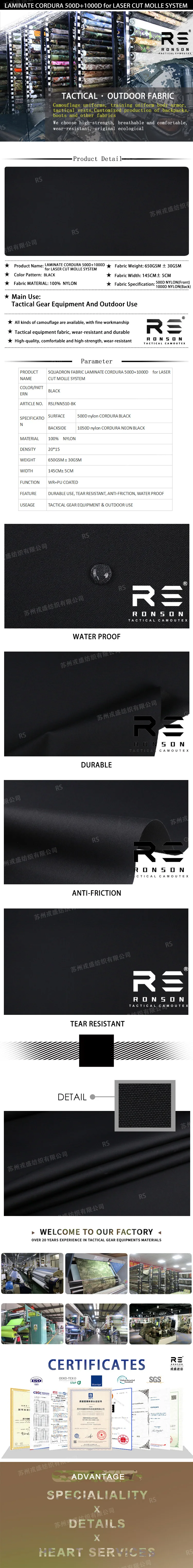 Schwarzer 500D+1000D Squadron, langlebiger, laminierter Cordura-Kombinationsstoff, taktischer, laminierter, lasergeschnittener Stoff für Westen und Taschen – Detail 1