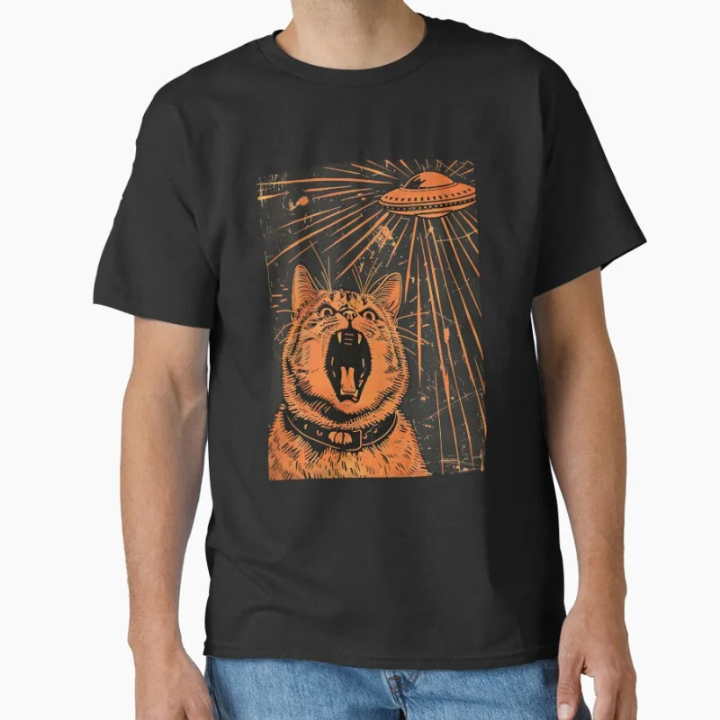 

Space cat 14 Funny Cat and UFO alien 100% cotton printed t shirt for cat lover large size Adult tops S-6XL