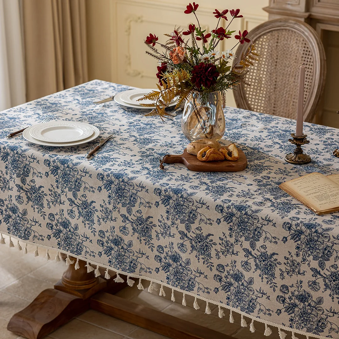 Blue Floral Tassel Tablecloth French Country Farmhouse Rectangle Square Round Table Cover for Dining Coffee Kitchen Decor