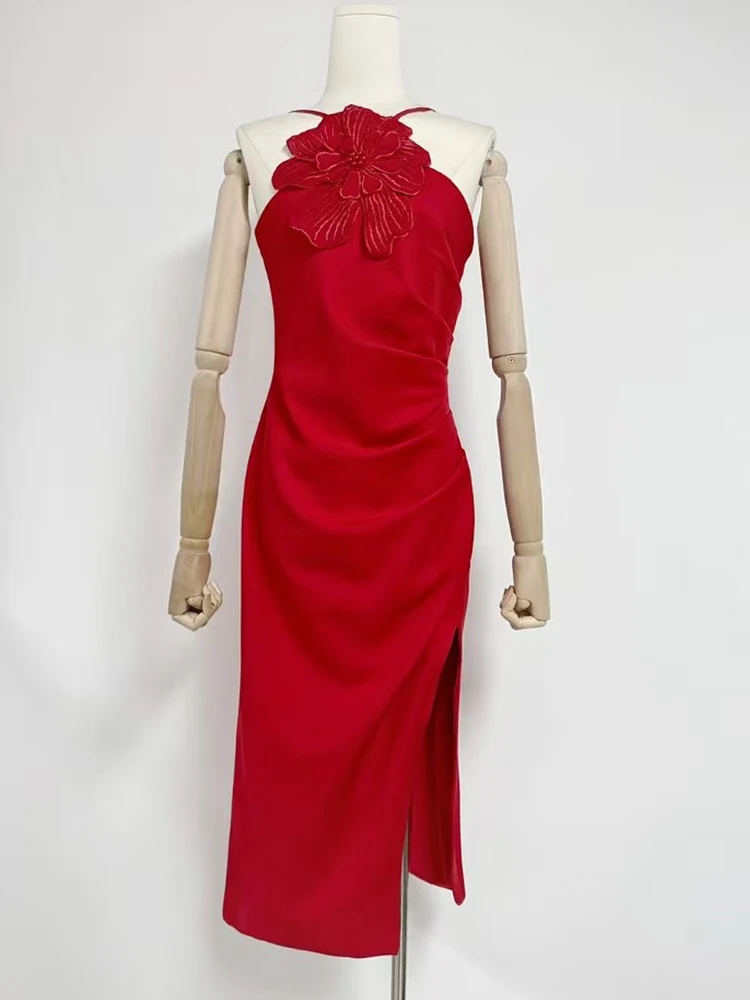 Robe de soirée Sexy à bretelles pour banquet, dos nu, bustier tubulaire, fleur tridimensionnelle, fendue, slim, nouvelle collection été 2025