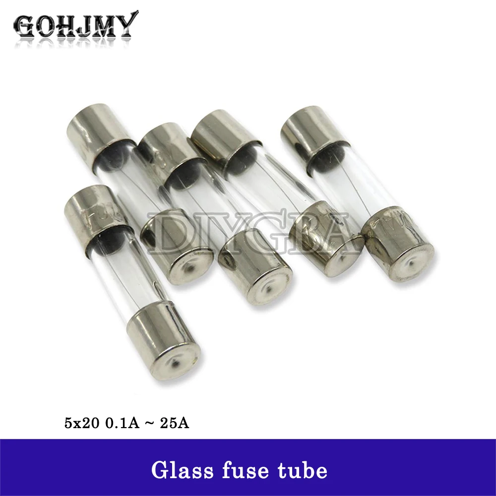 10PCS/lot 5x20 Glass fuse tube 0.1A ~ 25A 5*20 high quality fuse 5*20 0.2A 0.25A 0.3A 1A 1.25A 2A 2.5A 3A 3.15A 4A 5A 6A 6.3A