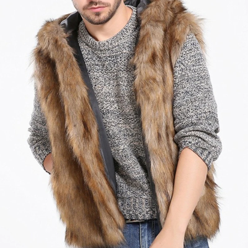 Men's Autumn/Winter Top Coat Vest Faux Fur Hooded Sleeveless Plus Warm Eco-friendly Simple Casual Design Fashion Niche Versatile