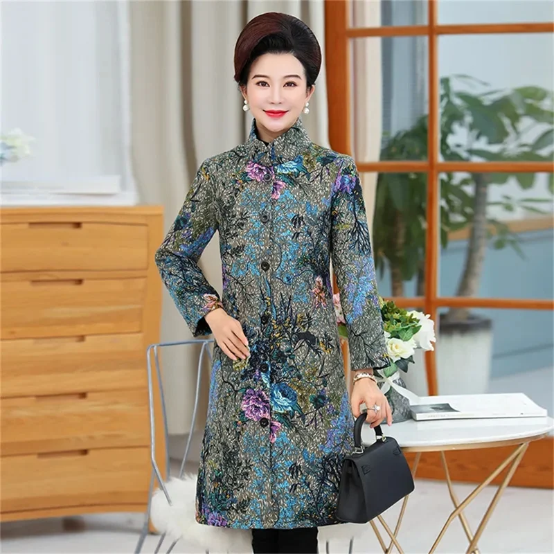 7XL Mid-Aged And Elderly Women's Winter Coat Thick Warm2022 New Mother's Padded Jacket Print Stand Collar Mid-Length Parka