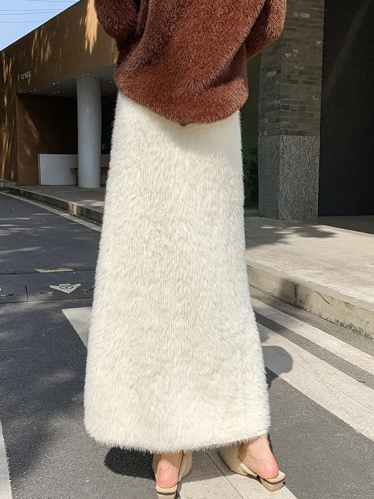 QOERLIN Imitation Mink Knitted Skirt Women Korean Fashion Tassel High Waist Long Skirts Elegant Slim Fur Skirts 2024 Fall Winter