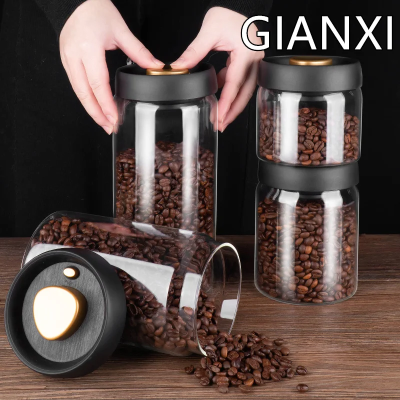 GIANXI Vacuum Sealed Jug Coffee Beans Glass Airtight Canister Food Grains Candy Keep Fresh Storage Jar Kitchen Accessories