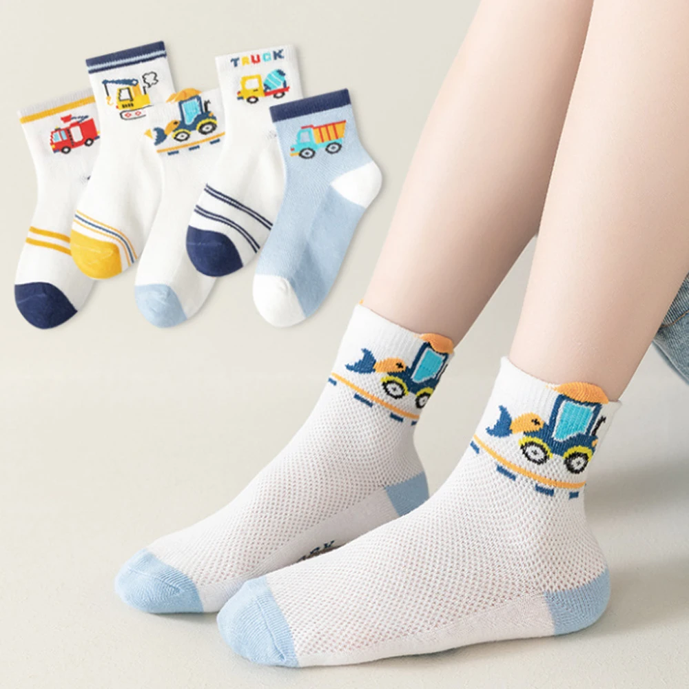 

5 pairs of children's socks, engineering vehicle mesh socks, breathable, lightweight, comfortable, boys' socks