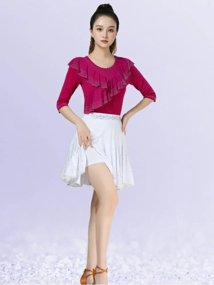 Ruffles Ballroom Long Sleeves Standard Latin Dance Top Dancewear Women Rhinestones Waltz Wear Luxury Jazz Competition Skirt