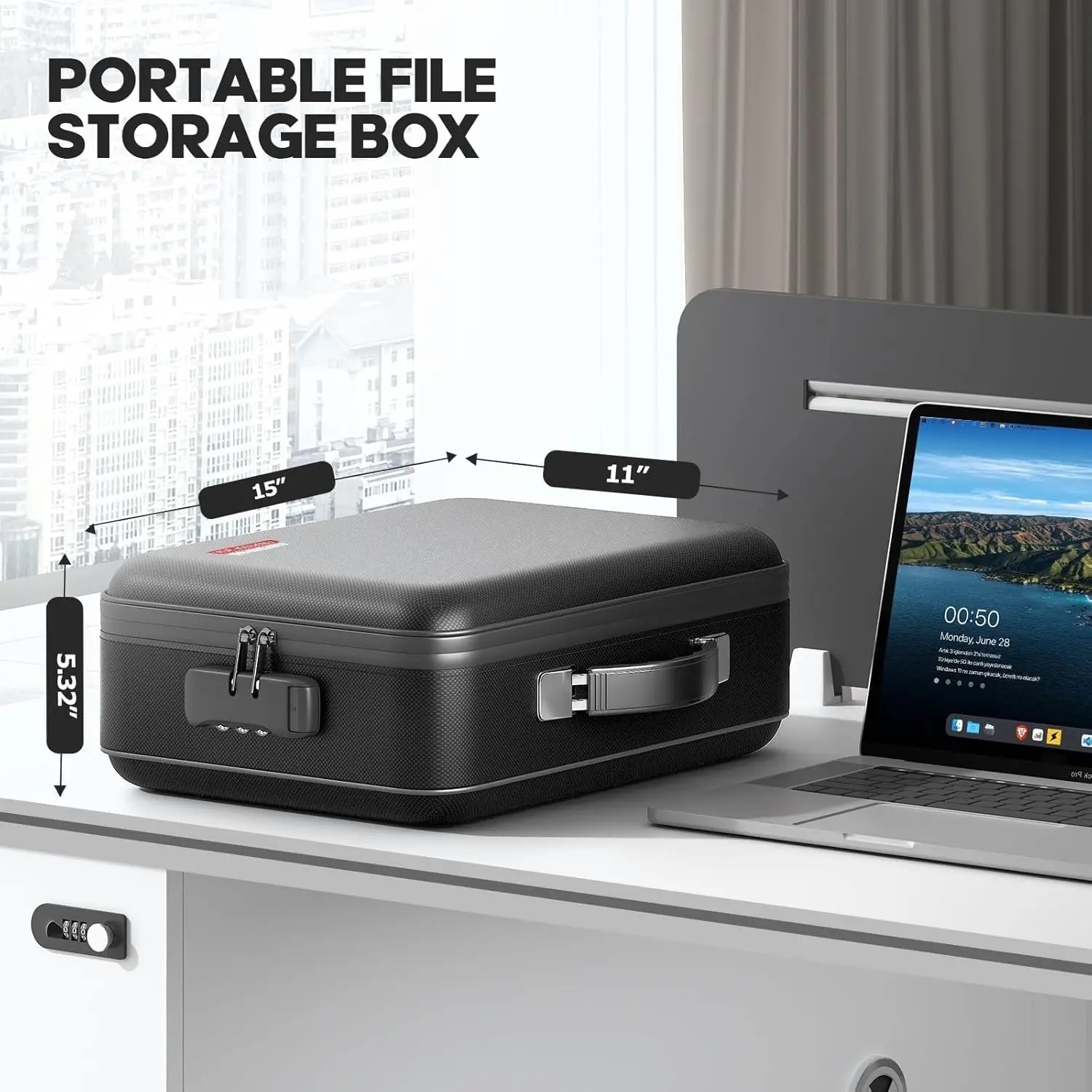 صندوق مستندات مقاوم للماء مقاوم للحريق مع قفل، حافظة صلبة محمولة لتخزين الملفات المهمة والأشياء الثمينة (15 × 11 × 5 بوصة) #2