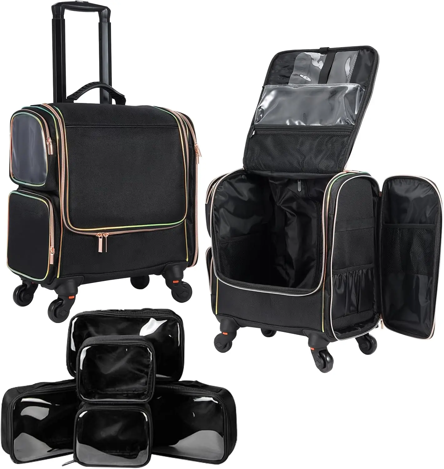 Professional Rolling Makeup Train Case Travel Cosmetic Organizer Makeup Artist Hairstylist Barber Storage 5 Toiletry Bags Black