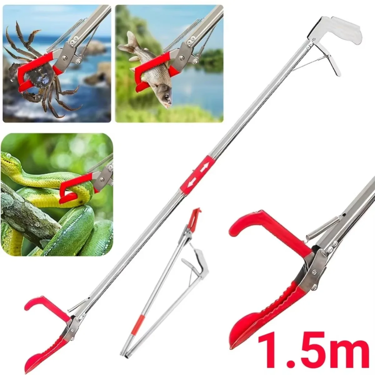1.5M Stainless Steel Foldable Snake Tongs Snake Catcher Tong Wide Jaw Reptile Grabber Tool Snake Hook Catcher Loach Rubbish Clip