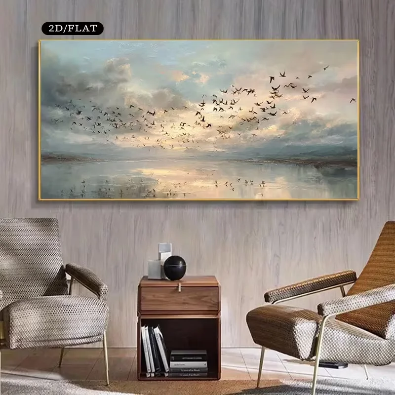 2D Flat, 2D Flat, A Large Unframed Canvas Measuring 31.49X62.99/80X160Cm Featuring a Modern Depiction of Birds Flying Over Water