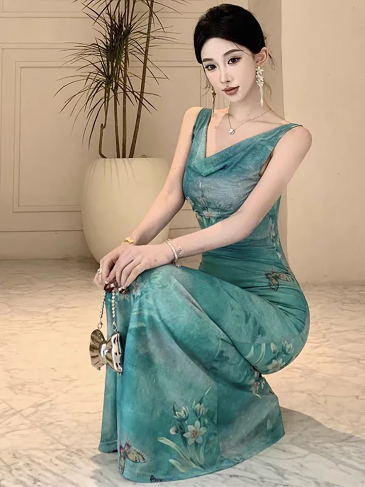 RORORIRI Y2k vestido sin mangas con estampado de mariposa y cuello vuelto para mujer, vestido largo plisado ajustado con espalda descubierta, vestido largo de sirena, ropa Retro elegante