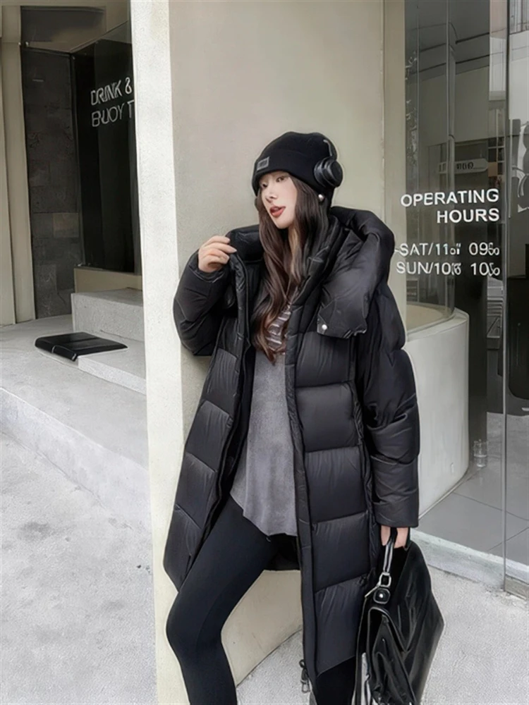 Over-The-Knee Down Jacket Women's Fashion Y2k Solid Color Mid-Length Parkas Winter Hooded Thickened Warm White Duck Puffer Coat