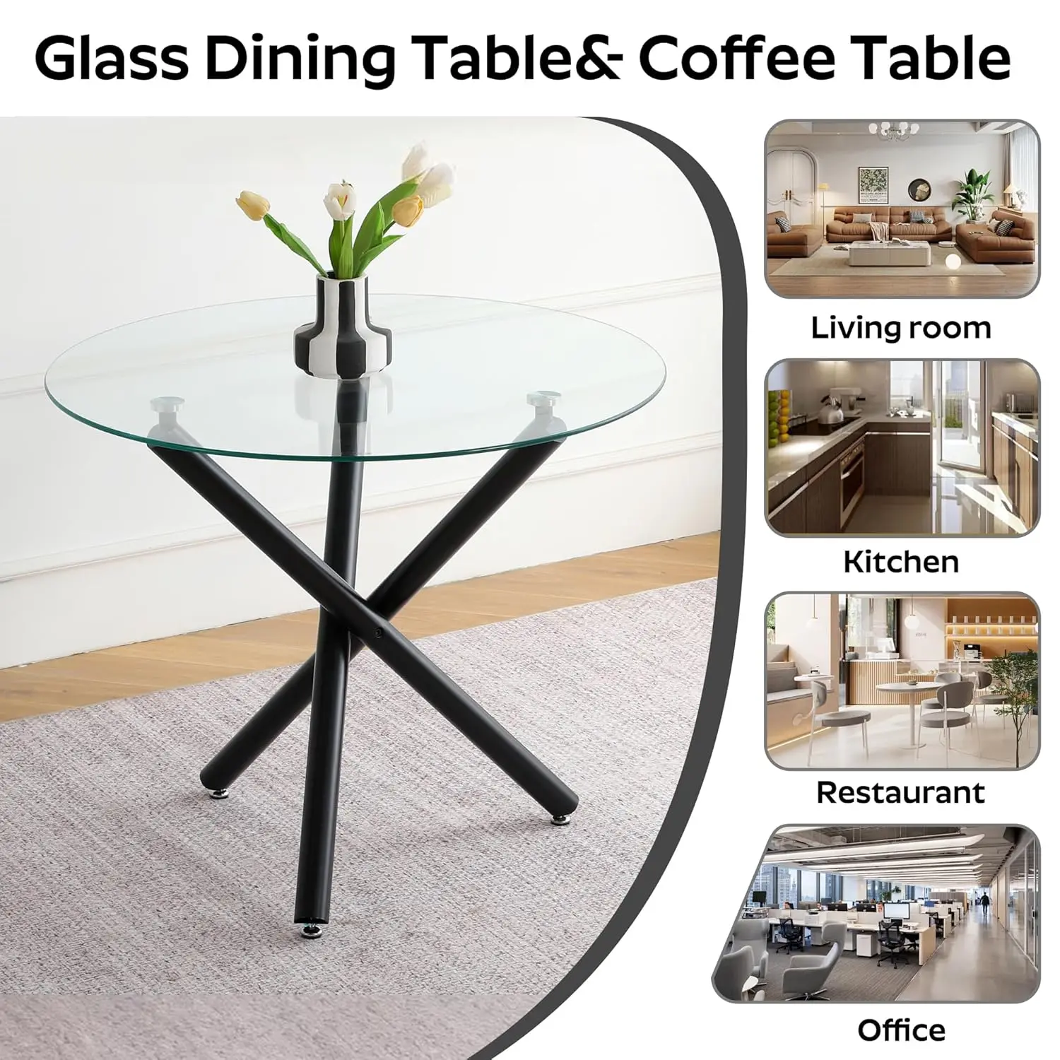 Tempered Glass Dining Table Chrome Legs Adjustable Pads Kitchen Living Room 35.5 Inch, Customized