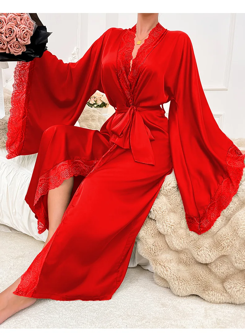 

New Satin Long Pajamas for Women Lace Luxurious Long Sleeves Cool-feeling Robe Bathrobe Loungewear Sleepwear