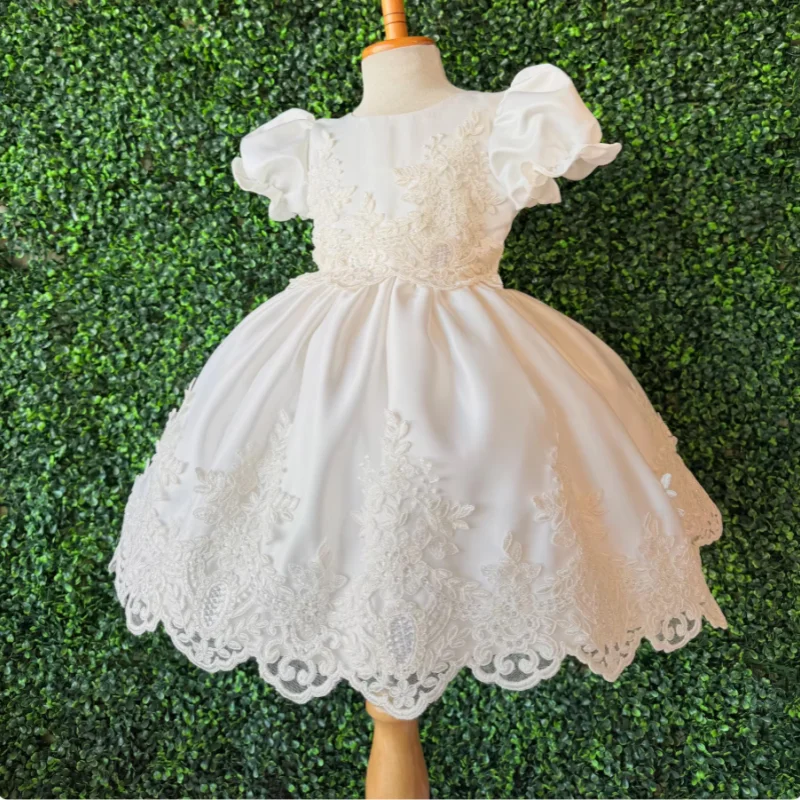 Christening Ivory Satin Embroidery Baptism Puffy Sleeves Knee Length V-Back Infant Toddler  Flower Girl Dress