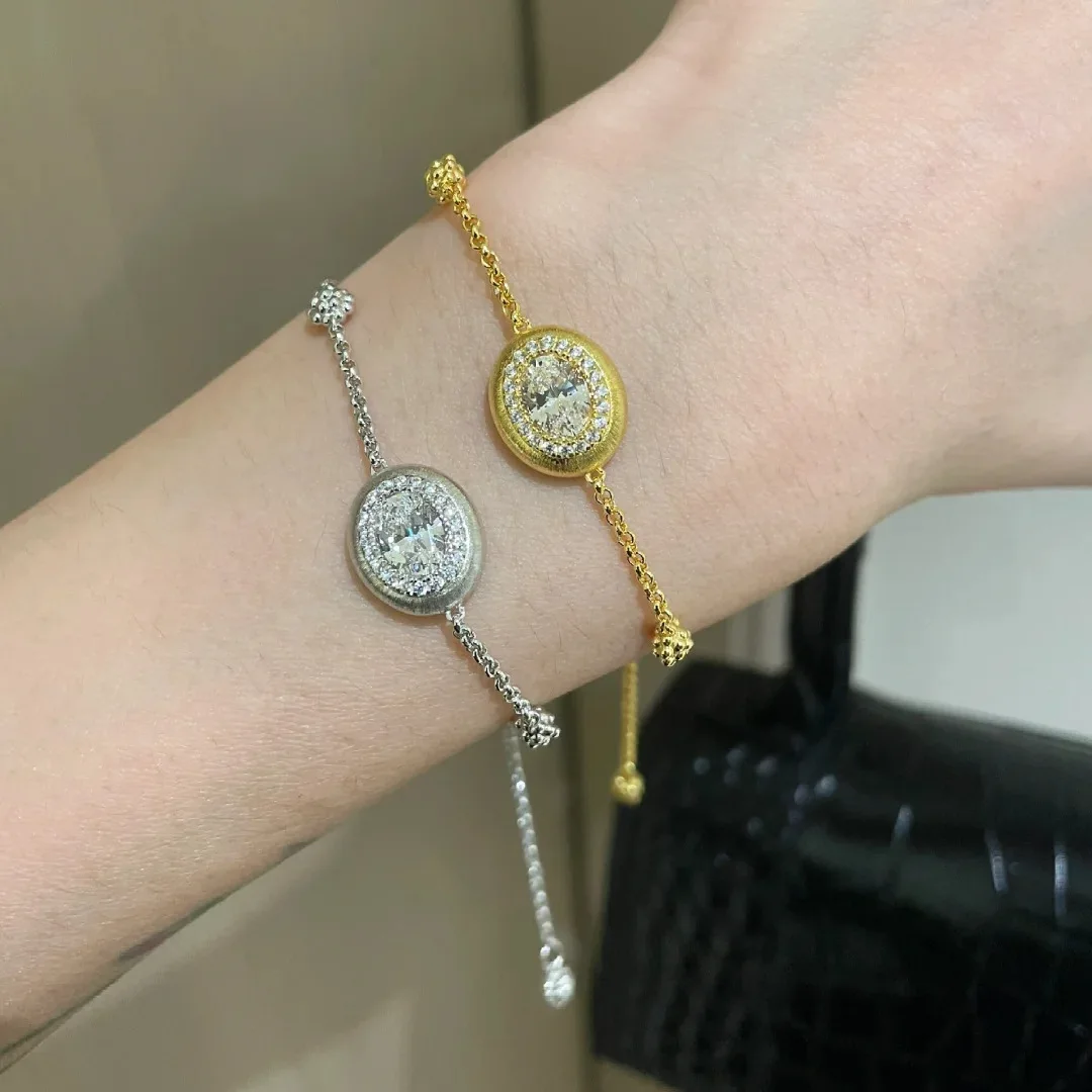 Foydjew Italian Vintage Jewelry Handmade Brushed Gold Color Bracelets Inlaid Oval Cubic Zirconia Bracelet Chain For Women