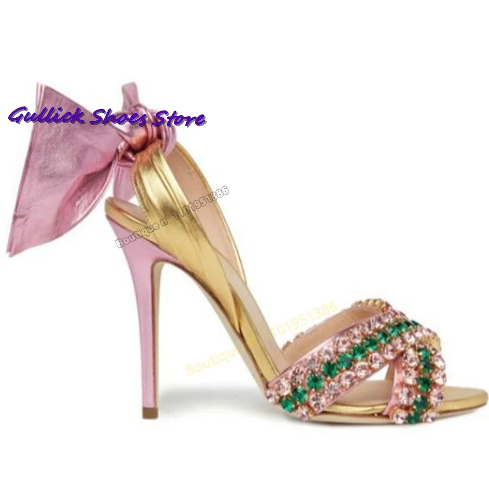 Chic Bowknot Shiny Rhinestones Sandals Open Toe Stiletto High Heel Summer Sweetbaby Slip On Women Dress Dating Shoes