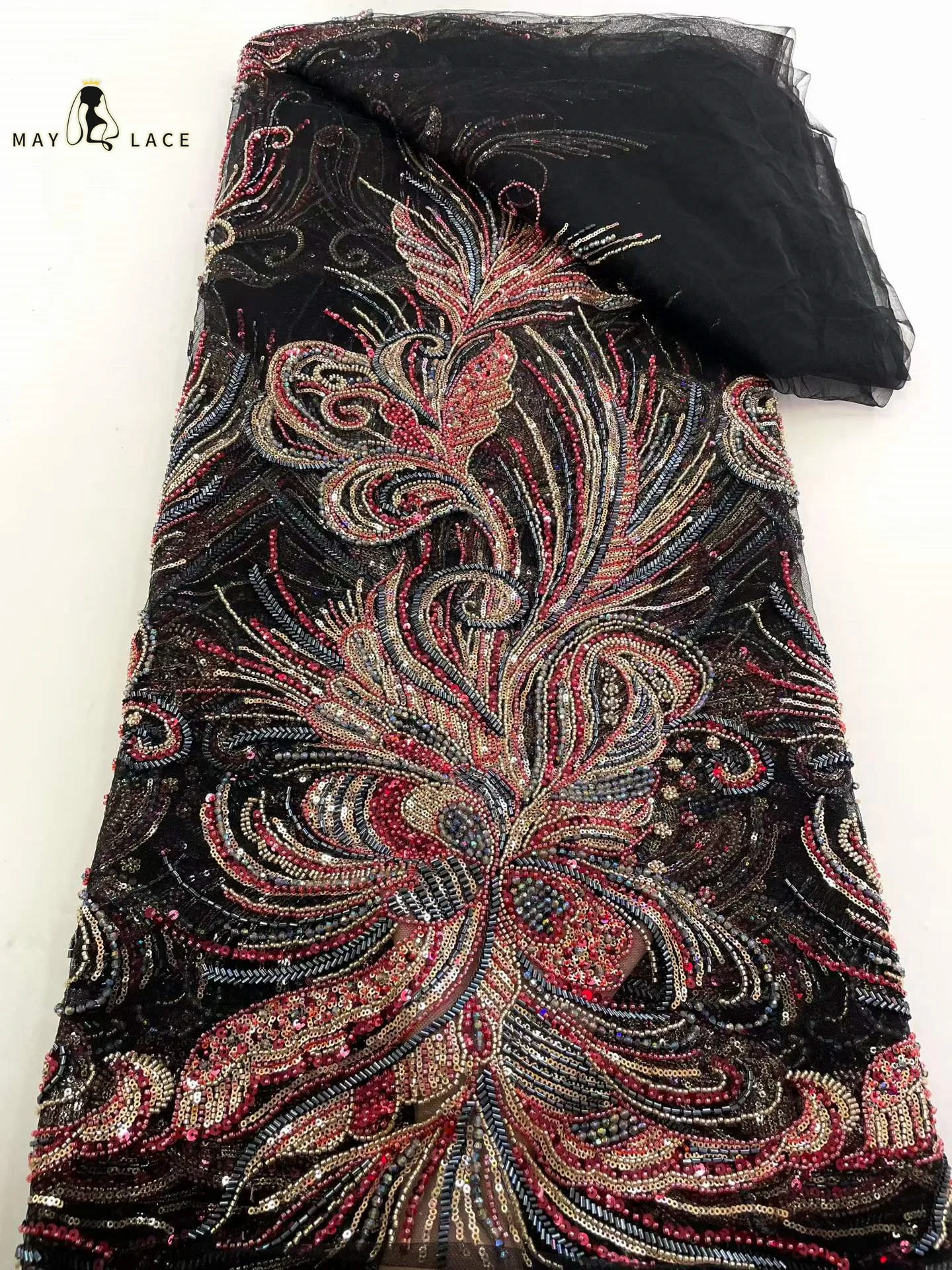 

Black French Beaded Sequins Lace Fabric 2026 High Quality 5 Yard Mesh Tulle African Lace Fabric Nigerian Wedding Dress for Women