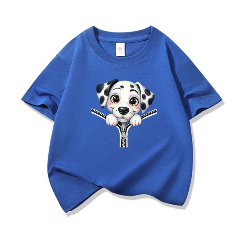 Kids Cotton T Shirt Cute Dalmatian Puppy Zipper Print Crew Neck Short Sleeve Tee Casual Breathable Boys Girls Summer Tops