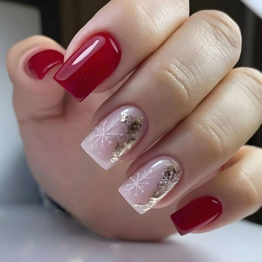 Impermeável francês unhas falsas para mulheres, manicure wearable, cabeça quadrada, cobertura completa, pressione sobre unhas, unhas dicas, Natal