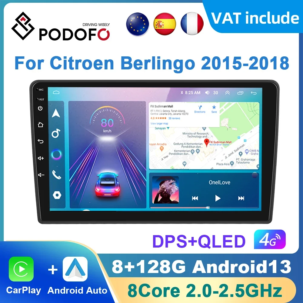 Podofo AI Voice Android Carplay Car Radio For Citroen Berlingo 2015-2018 Android Auto 4G Multimedia Navigation GPS autoradio DSP