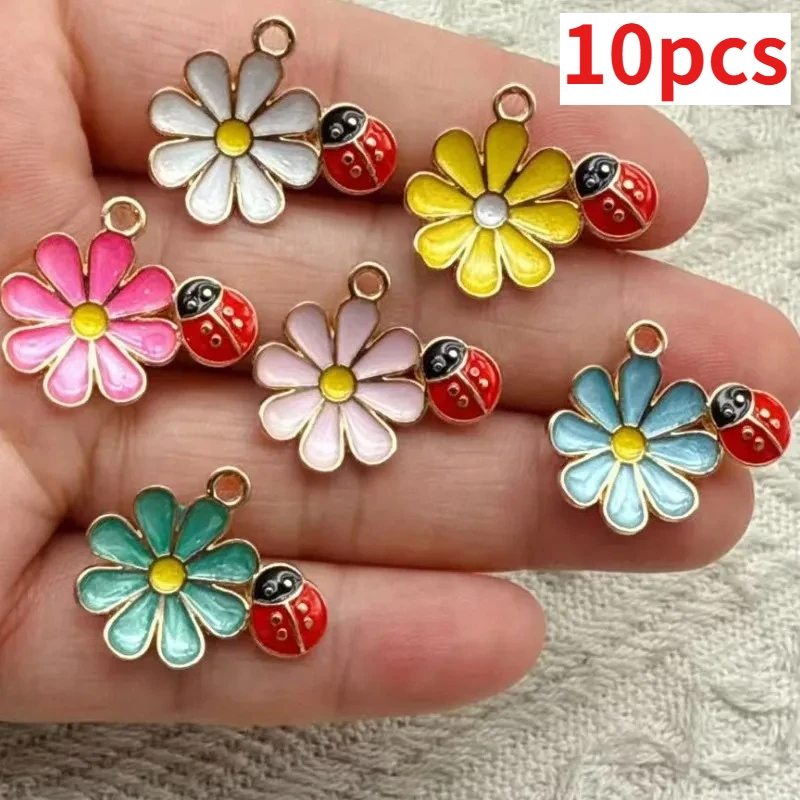 

10Pcs Alloy Enamel Flower Ladybug Charm Pendent for Jewelry Making Bracelet Accessories DIY Findings 19x23mm