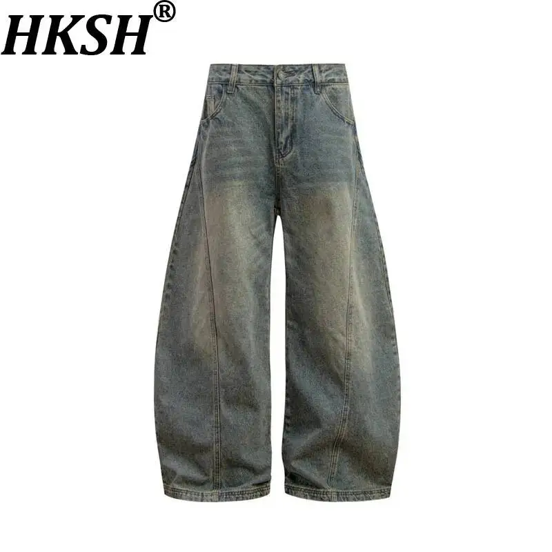 Calça Jeans HKSH Americana Retrô com Bainha Desfiada Feminina 2026 Primavera Verão Nova Tendência Masculina Solta Slim Perna Larga Comprimento Total H