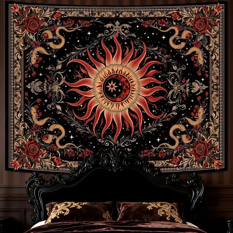 VIKAMA Mystical Sun Moon Tapestry Dark Gothic Snake Rose Celestial Wall Hanging Black Starry Wall Decor for Bedroom Dorm