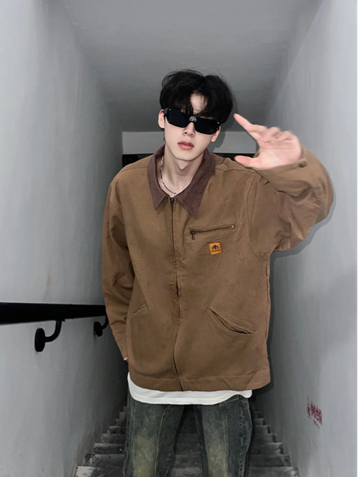 

Vintage American Sle Workwear Jaet Men's Spring Autumn Pilot Motorcycle Jaet Loose Fit Cotton 00% Youth Trend