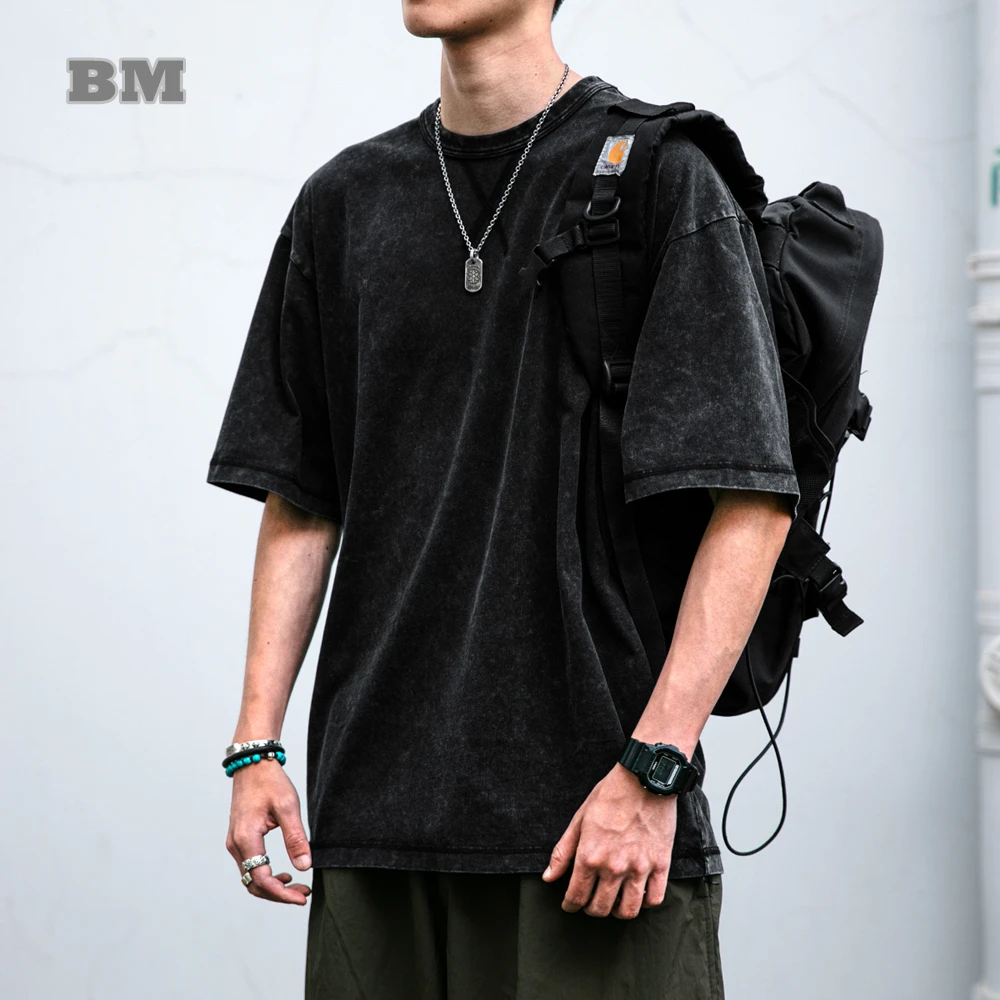 Vintage Washed Distressed T-Shirt For Men Oversized Short Sleeve Summer Solid Color Tops Casual Premium Quality Streetwear Tee