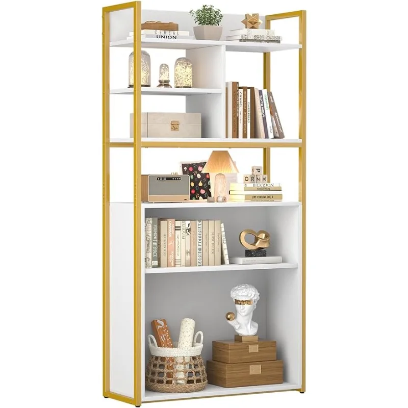 

Tall Bookshelves Wood and Gold Metal Frame Standing Bookcase, Display Book Shelf with Adjustable Storage Shelves for Home Office