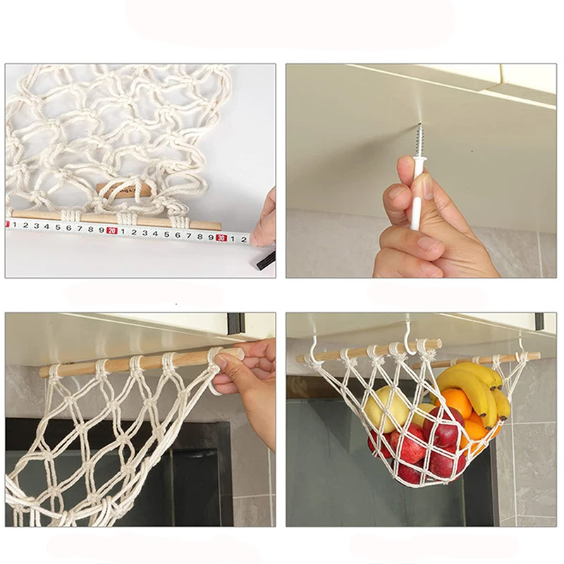 Hanging Fruit Hammock for Kitchen Under Cabinet Macrame Fruit Basket Net Veggies Hammock For Extra Storage