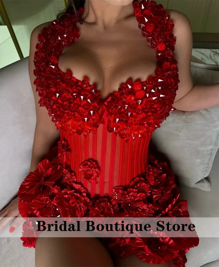Glitter Stylish Sweetheart Red Crystals Prom Dresses Mini Halter Cocktail Gown Birthday Party Vestidos De Gala Customized