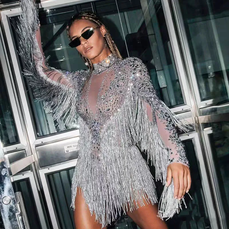 Luxury Sparkly Rhinestones Mesh Fringe Bodysuit Women Dancer Team Singer Sexy Performance Stage Wear Birthday Party Rave Outfit